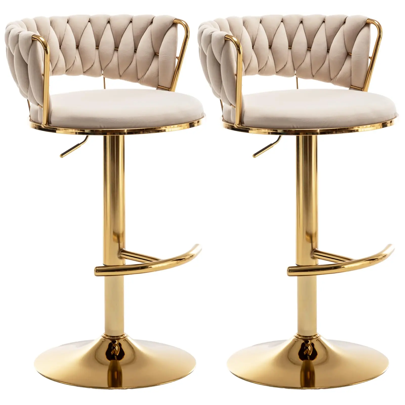 Gold Bar Stools Set of 2, Counter Stools for Kitchen Island (Beige) | Adjustable Height Barstools with Woven Backs