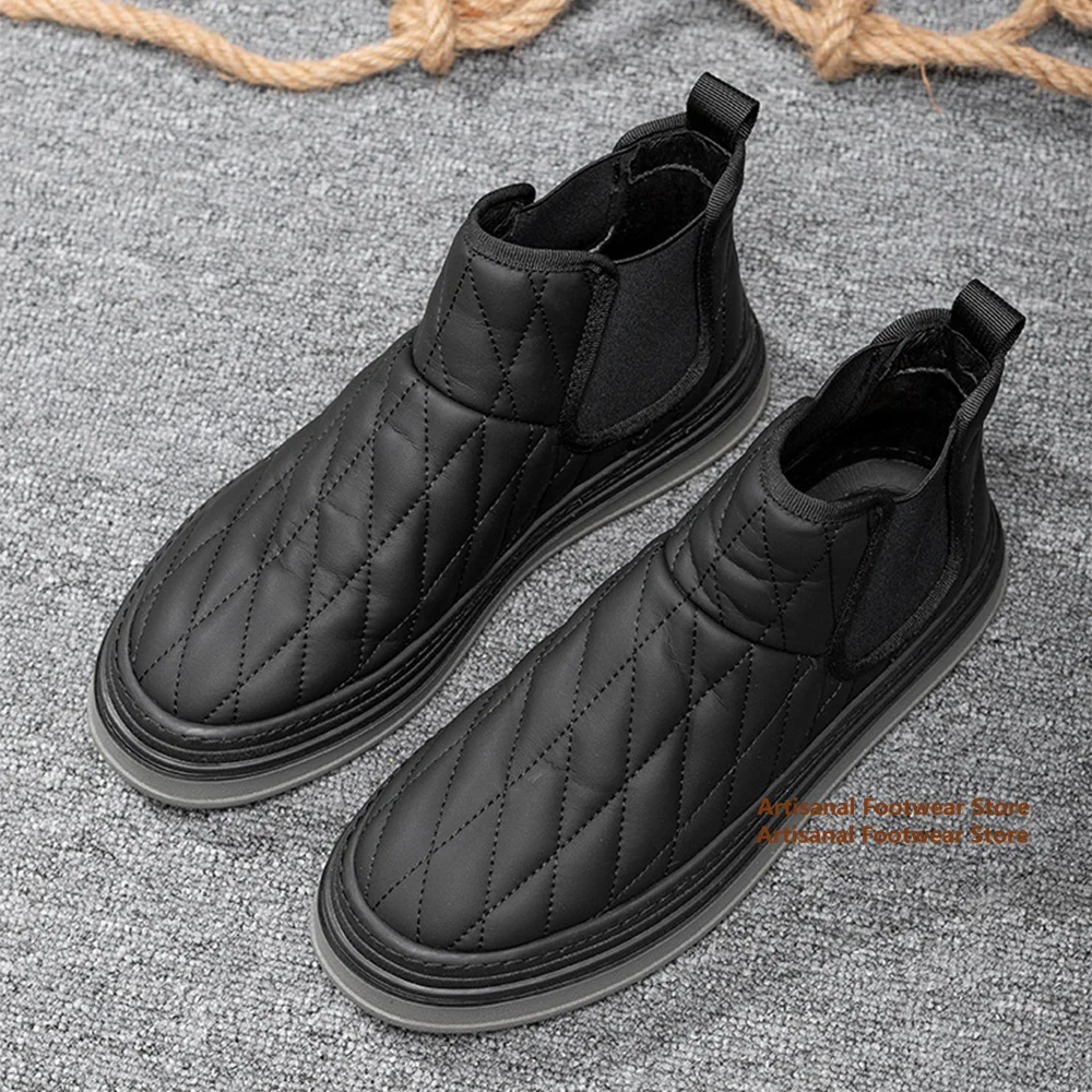 

Cross Woven Men's Boots Elastic Band Men's Shoes British Style Black Leather Thick Soled High Top Slip On Men Shoes Botas Mujer