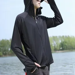 2024 Summer Ice Shreds Breathable Thin Style Sunscreen Clothing Men Outdoors Ultraviolet-proof Loose Hooded Long Sleeved Coat