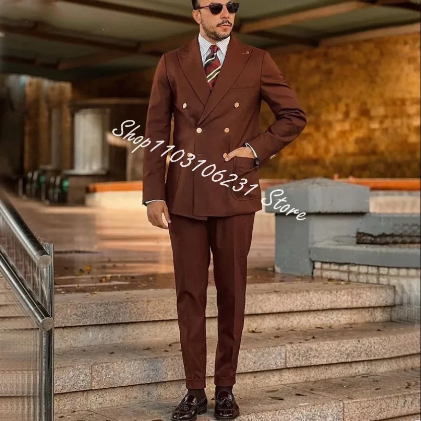 Men's Suit Peak Lapel Double Breasted Slim Fit Suits for Men 2 Piece Casual Formal Tuxedos Blazer Pants Trajes De Hombre