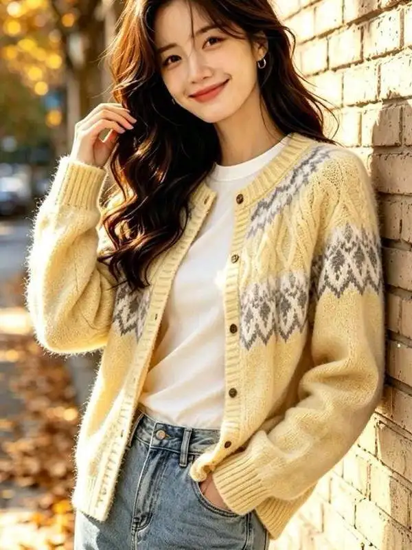 Retro Thickened Open Cardigan Knitted Sweater Women's Autumn Winter Loose Atmosphere Feeling Outerwear Long Sleeve round Neck
