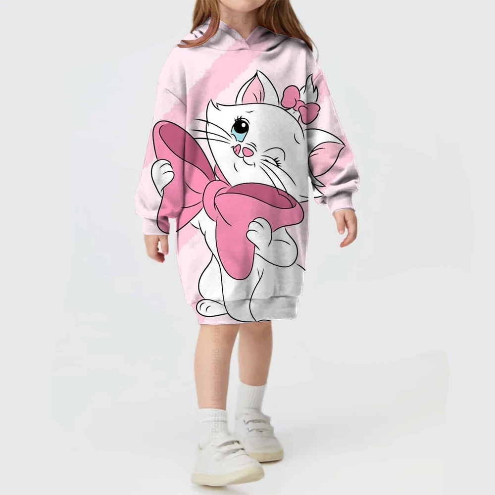 New autumn and winter Disney girls winter girls Mary Cat cartoon print long-sleeved hooded pullover sweater dress