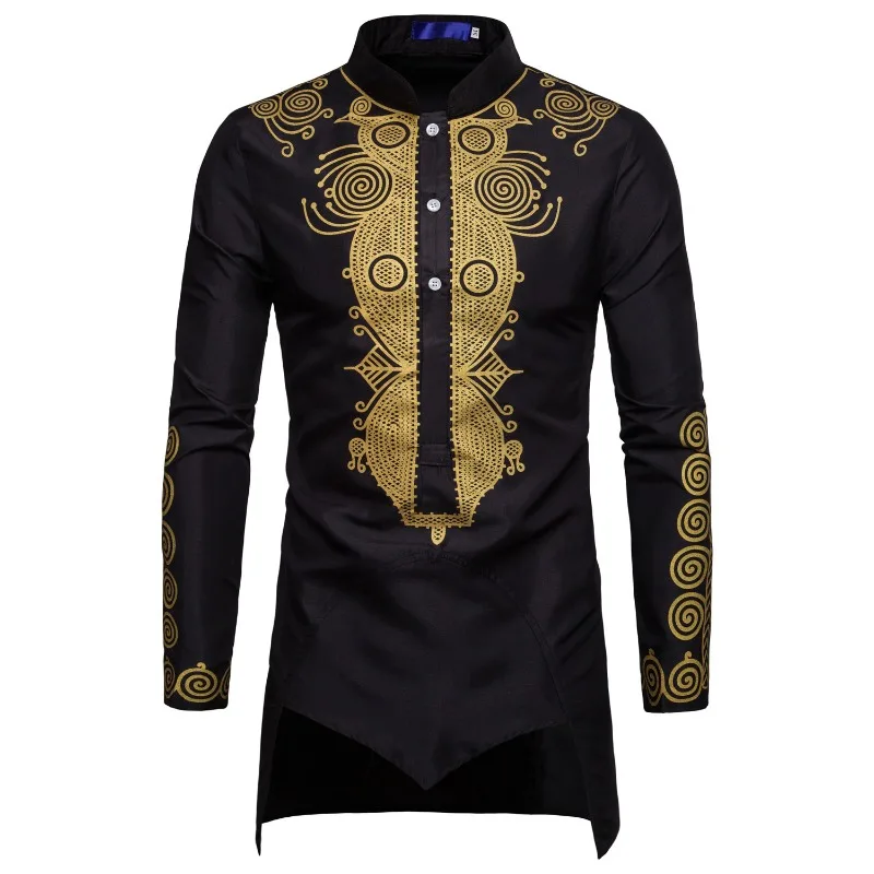

2026 Spring Autumn Men Casual Shirt Middle Eastern Style Gold Stamping Stand Collar Mid Length