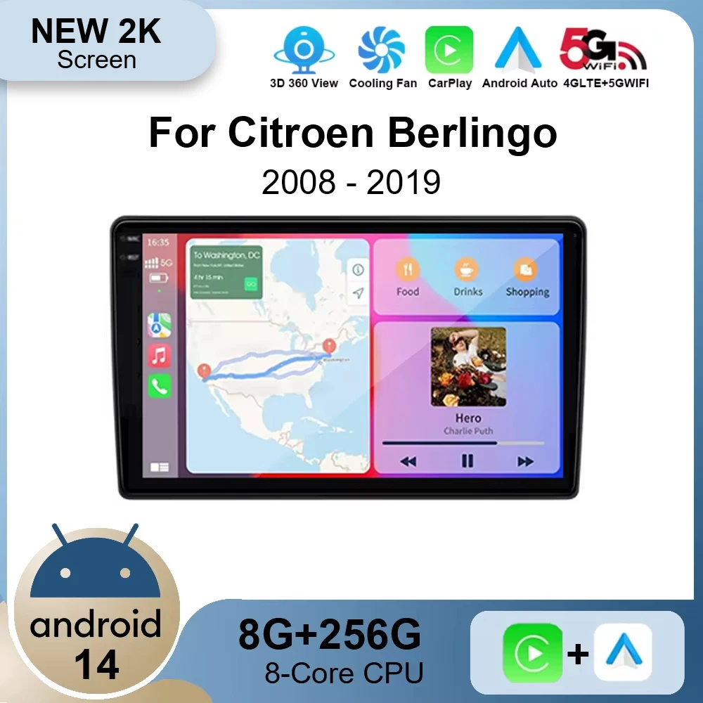 Android 14 Carplay Per Citroen Berlingo 2 B9 Peugeot Partner 2008 2009 2010 -2022 Lettore multimediale per autoradio DSP WIFI +