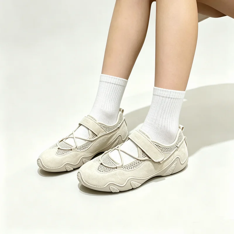 

Women Breathable Mesh Mary Jane Sneakers Soft Suede Hook Loop Strap Casual Walking Shoes Summer Comfort Flat Sport Sandals