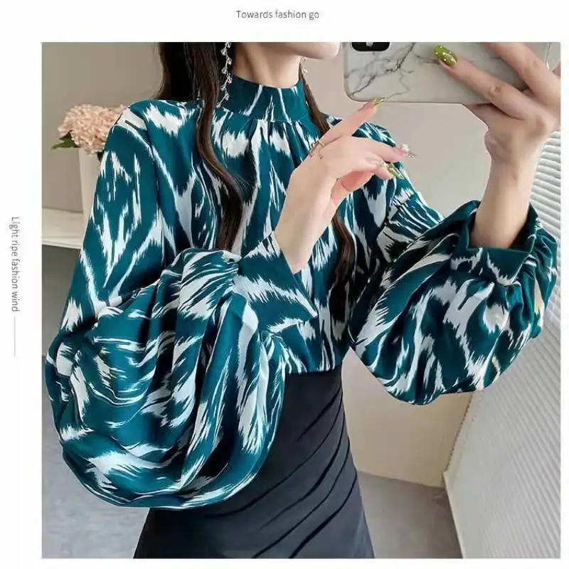 Frauen Frühling und Herbst Neue Laterne Hülse Hemd Lose Art Und Weise Chiffon Hemd Hong Kong Stil Stehkragen Print Top DD2205