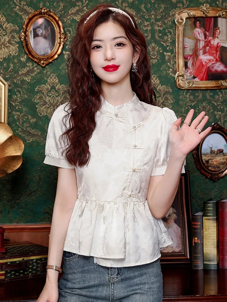 

Новая женская рубашка в китайском стиле с завышенной талией, приталенная, весна-лето, элегантный дизайн, тонкий топ для прогулок по городу, с коротким рукавом