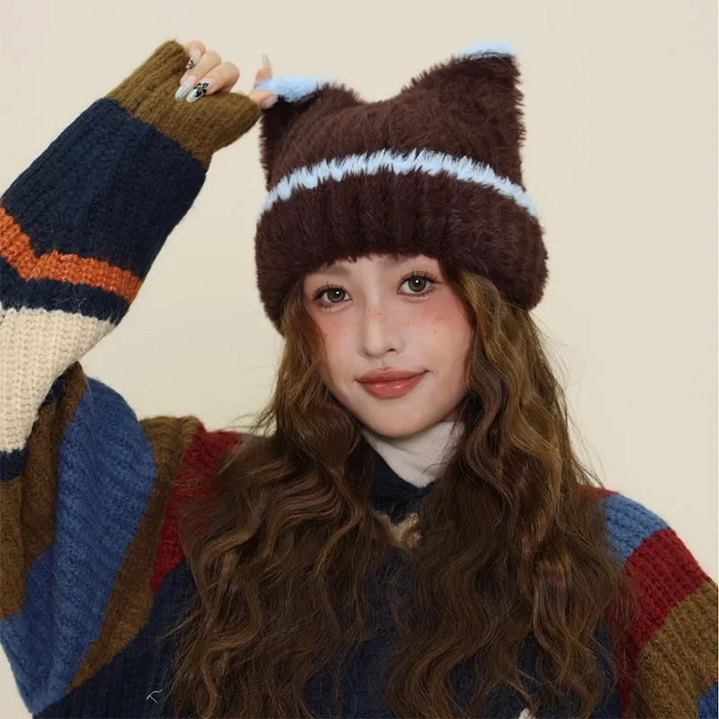 جديد Ins لطيف آذان القط أفخم بيني Y2K الخريف والشتاء السفر الدافئة سدادات حماية الأذن تنوعا شخصية البلوز القبعات النساء #2