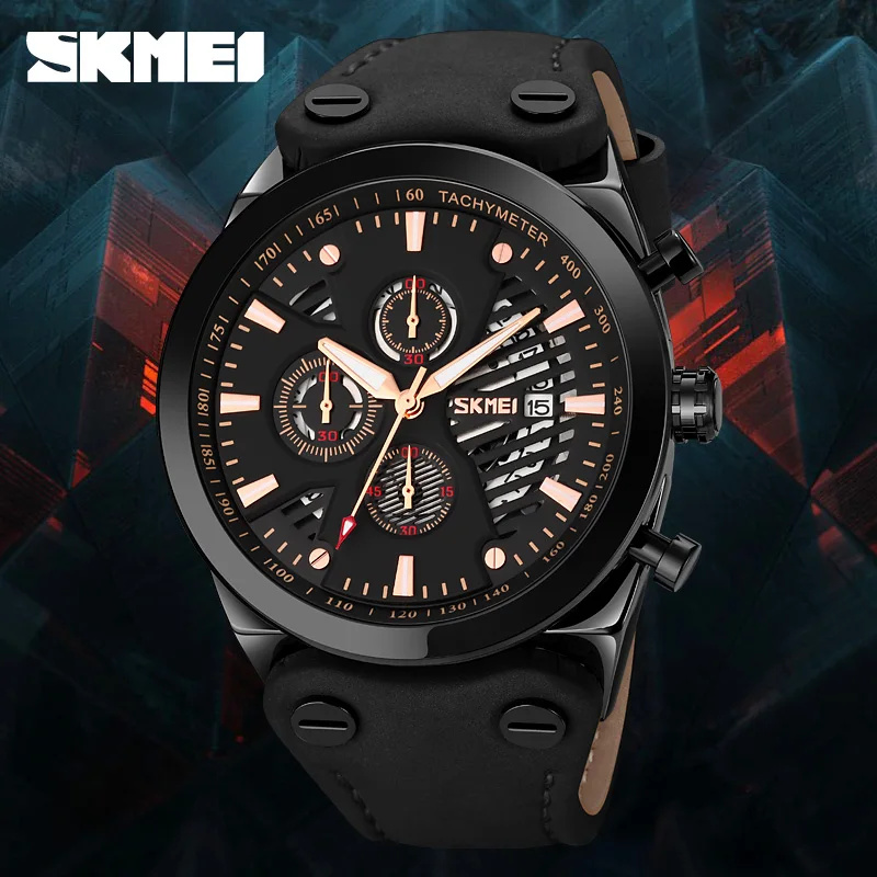 SKMEI Fashion Vintage Quartz Watch Luxury Leather Strap Men\'s Watches Top Brand Business Wristwatch Stopwatch Calendar Clock