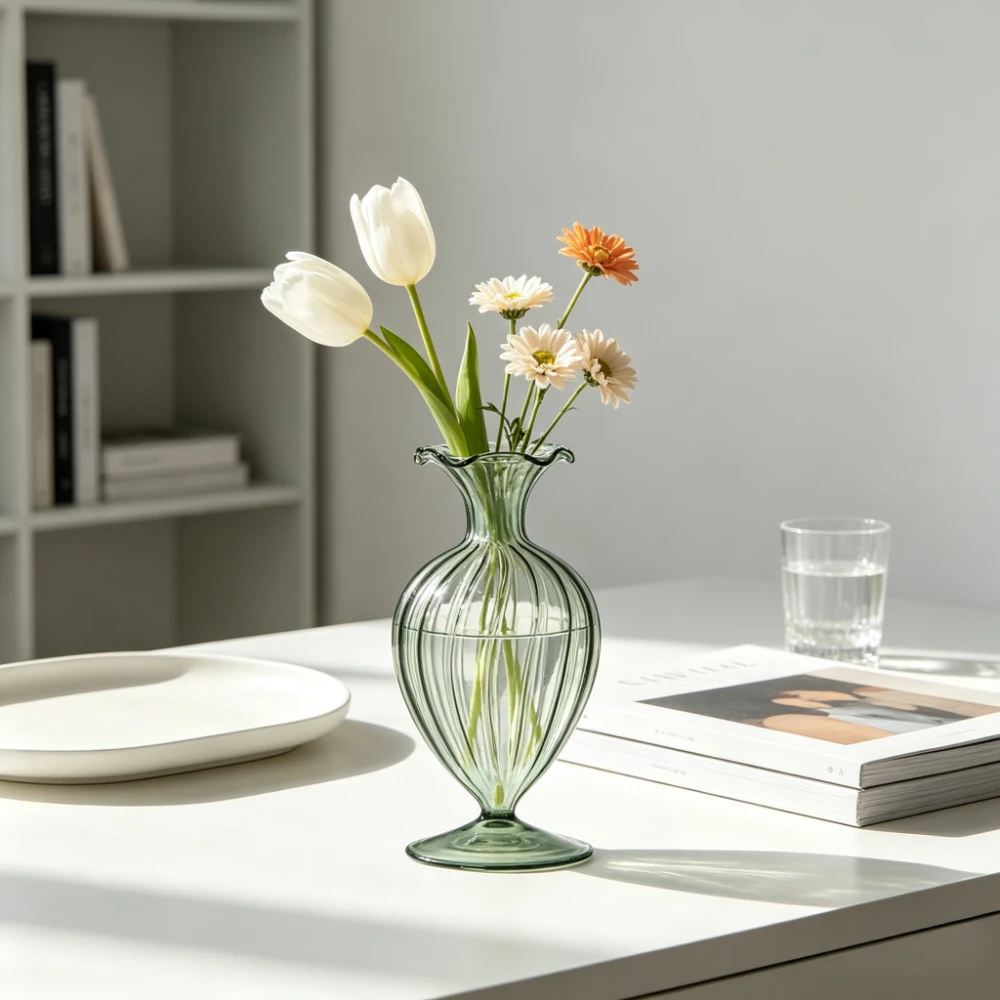 Nordic Style Striped Transparent Glass Vase Elegant Ruffled Tabletop Flower Arrangement Vase Ornament Living Room Office Decor