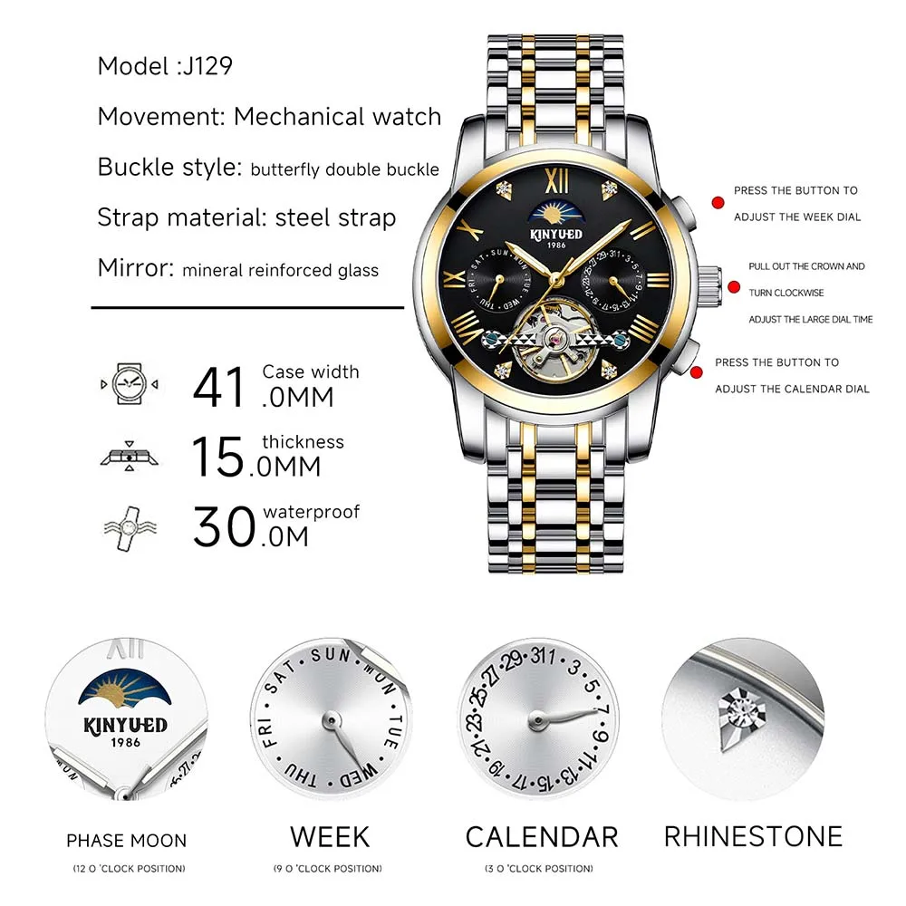 KINYUED Top Brand Men's Automatic Movement Watches Luxury Stainless Steel Mechanical Watch for Men Luminous Skeleton Dial Watch