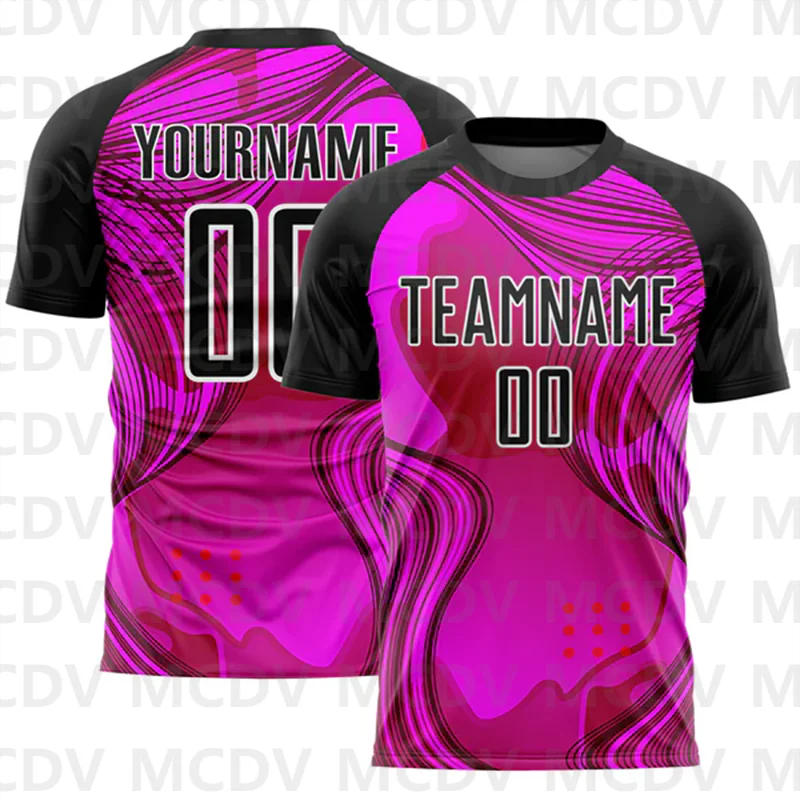 Custom Hot Pink Black-White Waves Sublimation Soccer Uniform Jersey Personlized Team name you name number T-Shirts