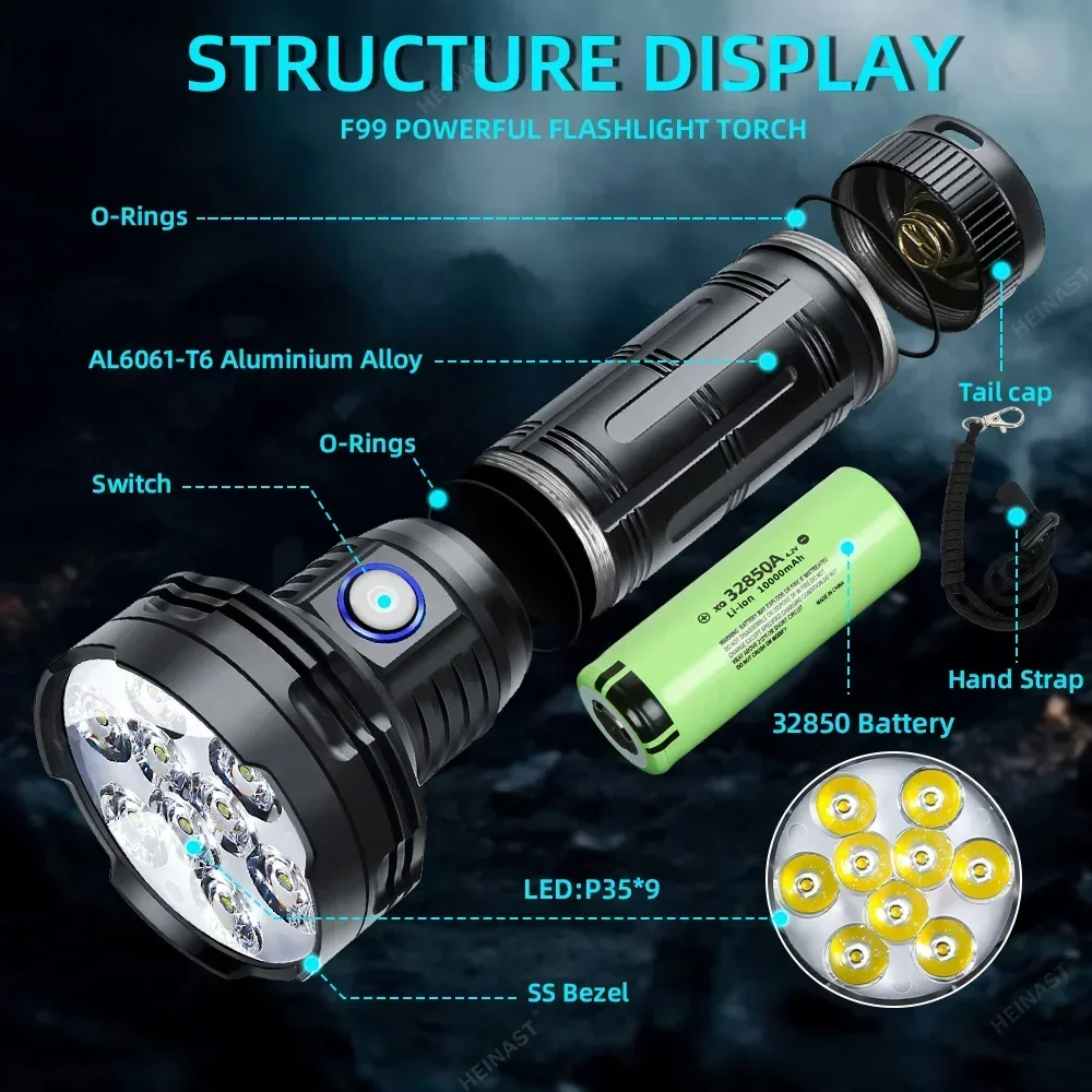 Super Bright Led Flashlight Rechargeable 5100LM Powerful Tactical Torch Lamp Use 32850 Battery Outdoor Emergency Camping Lantern