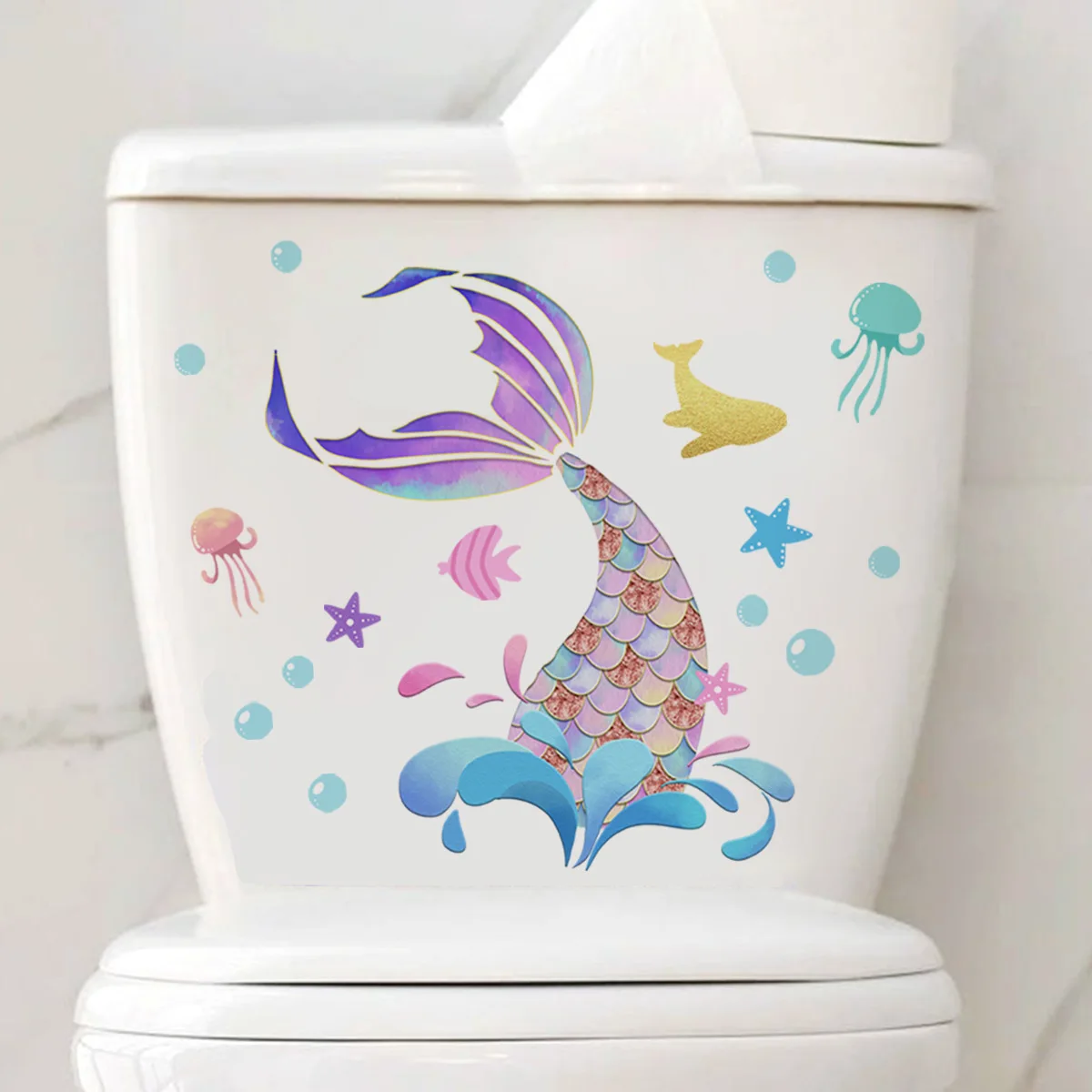 30*25cm Colorful Fish Tail Toilet Stickers Toilet Bathroom Toilet Cover Wall Stickers Home Decorative Wall Stickers Ms579