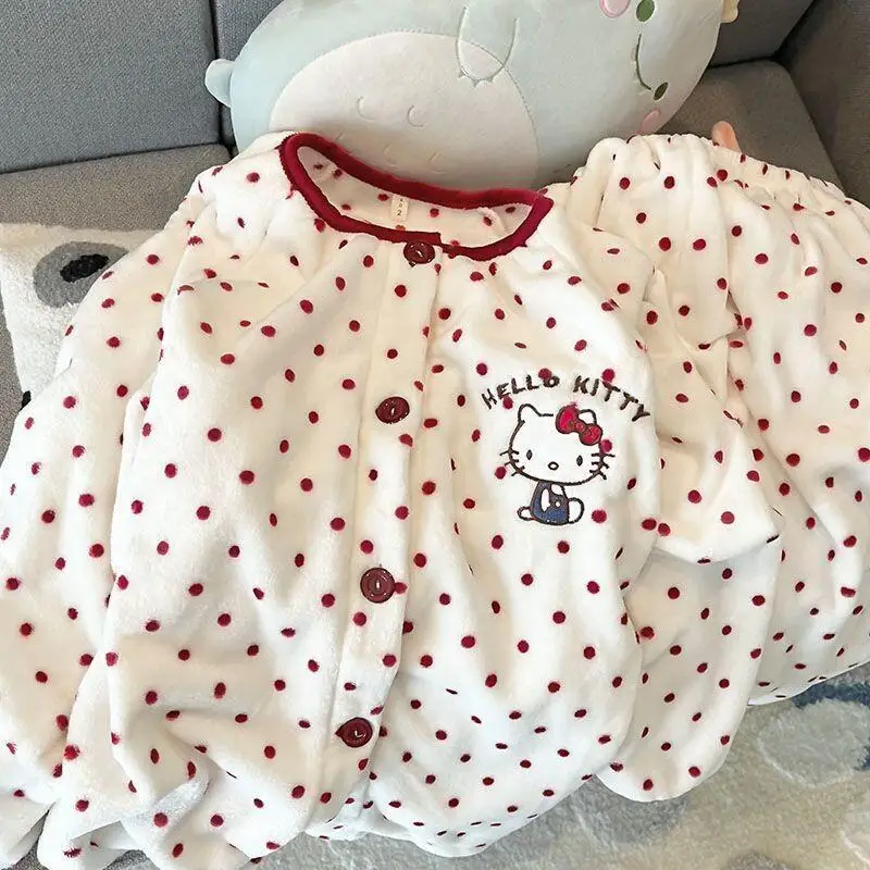 

Sanrio Hello Kitty Women's Plush Polka Dot Pajama Set Winter Fleece Lined Thickened Cute Kawaii Cozy Home Loungewear Sleepwear