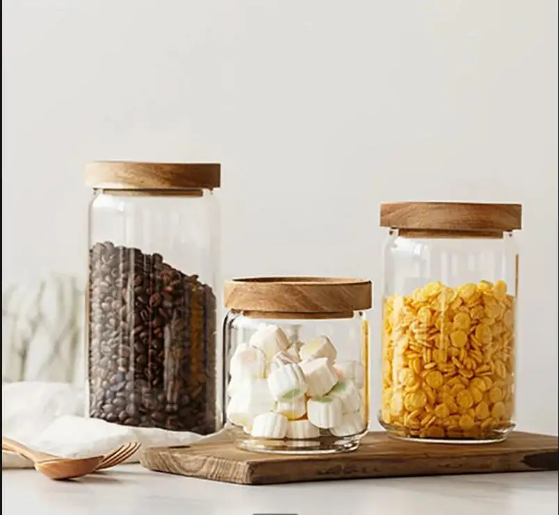 Simple Storage Cylindrical Glass  Jars and Wooden Lids Candy Jar Caddies Desktop Organizer Cereal Container