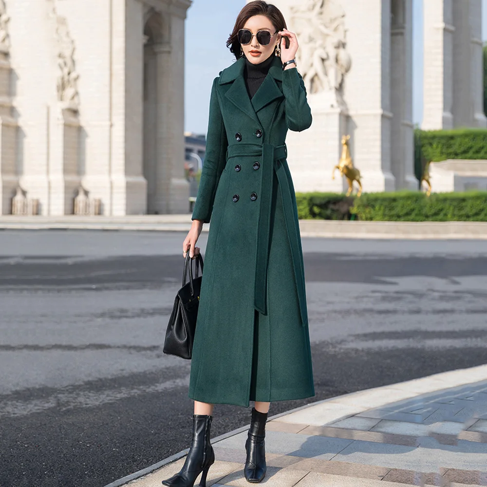 

New Women Long Woolen Coat Autumn Winter Fashion Double Breasted Slim Wool Blends Overcoat Elegant Cotton Liner Warm Outerwear