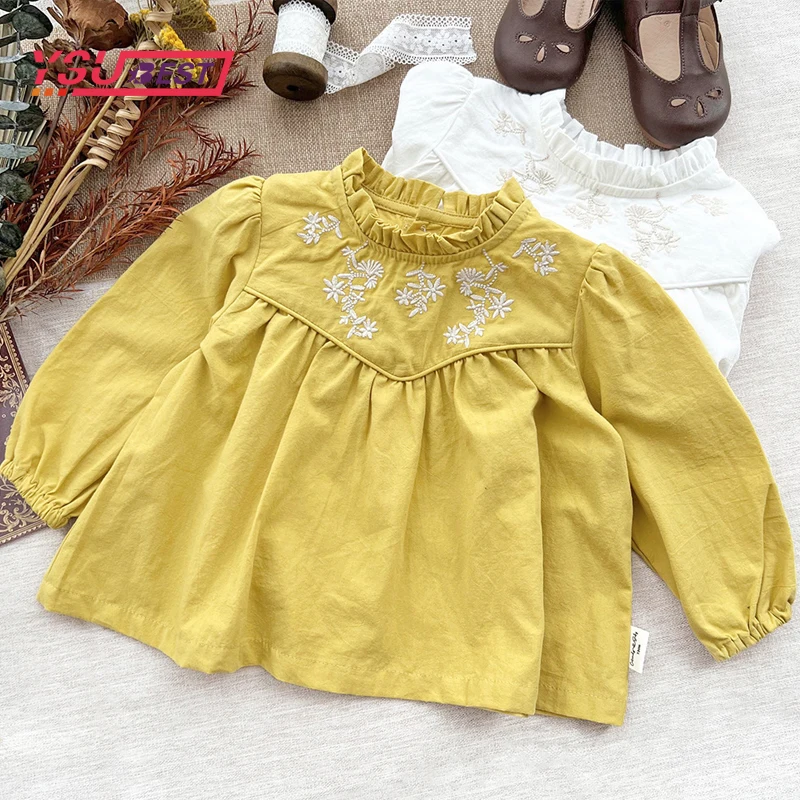 

Kids Vintage Floral Shirt Ruffle Collar Tops Pullover Loose Puff Sleeves T-shirt Baby Girls Versatile Cotton Embroider Clothes