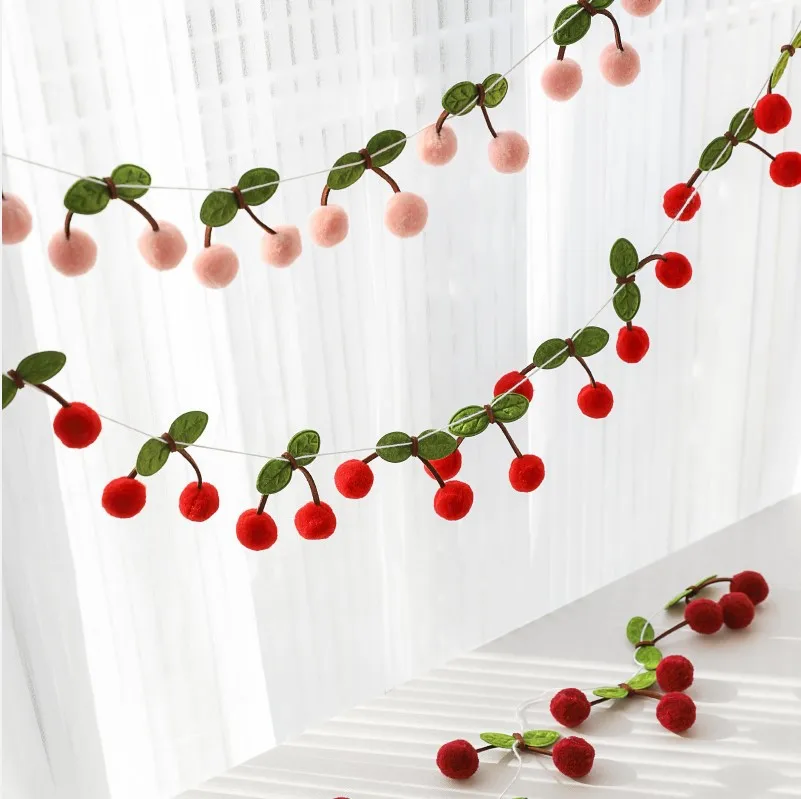 New Cherry Felt Ball Handmade Garland Hair Ball Pendant Kid Room Decoration String Wall Hanging Ornament Baby Shower Party Favor