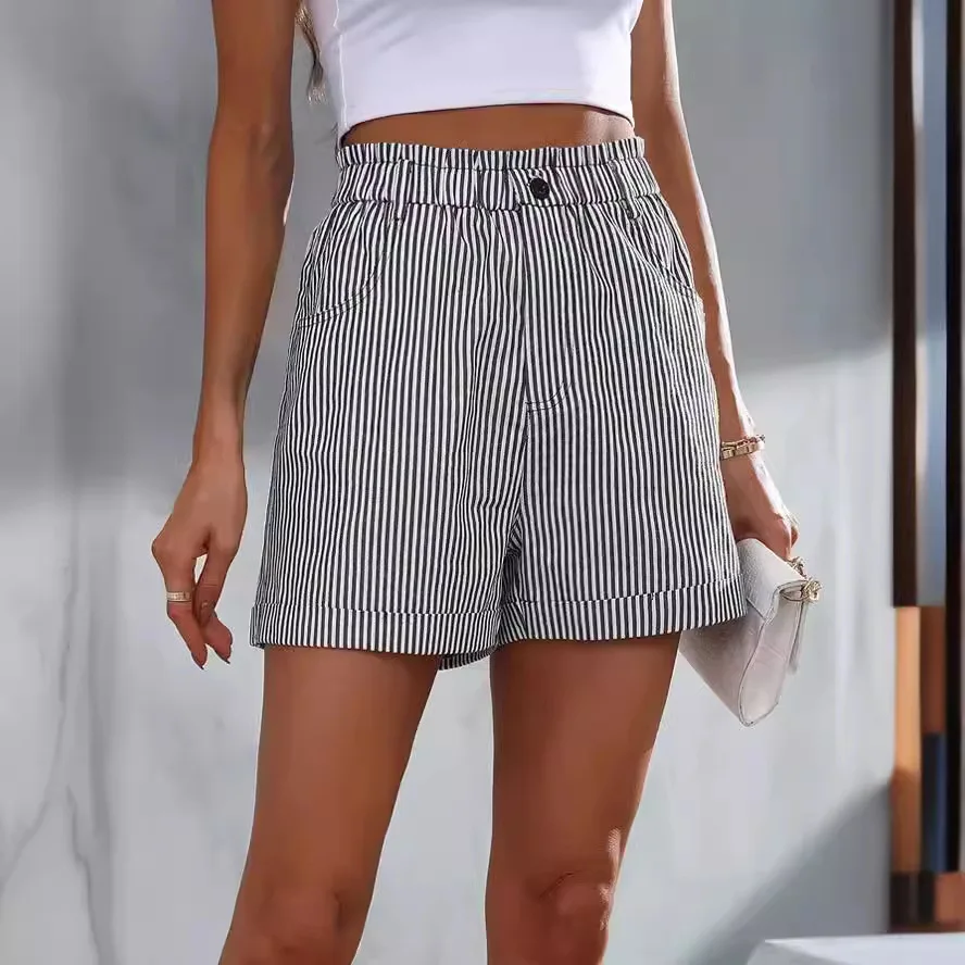 Summer 2024 Women's Casual Stripe Pocket Shorts New Arrival Elastic Waist Knitted Polyester Three-quarter Length Comfortable ...