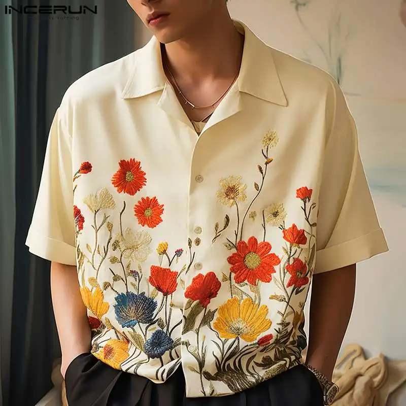 INCERUN Tops 2024 Korean Style Men Personalized Floral Print Pattern Design Shirt Casual Well Fitting Short Sleeved Blouse S-5XL