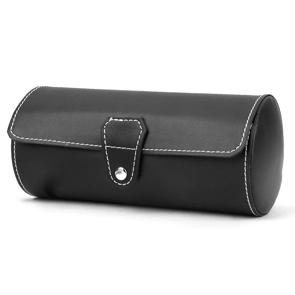 

3 Compartments PU Watch Display Box Black Portable Travel Jewelry Case Cylindrical Button Closure Dustproof Fingerprint