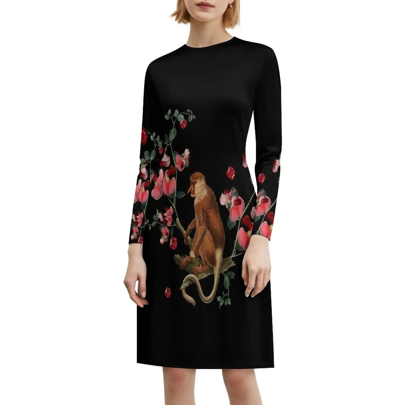 Monkey World: فستان قصير من Nosy Preppy Style للنساء على شكل حرف a فضفاض مناسب فستان يوم غير رسمي قرد وردي زهرة نباتية طبيعة زهور #6