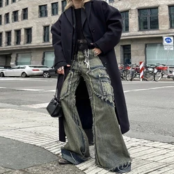 Mens Streetwear Y2k Heavy Craft Washed Flared Jeans Hip Hop Distressed Denim Pants Women Slim Straight Tassel Jeans Raw Edge