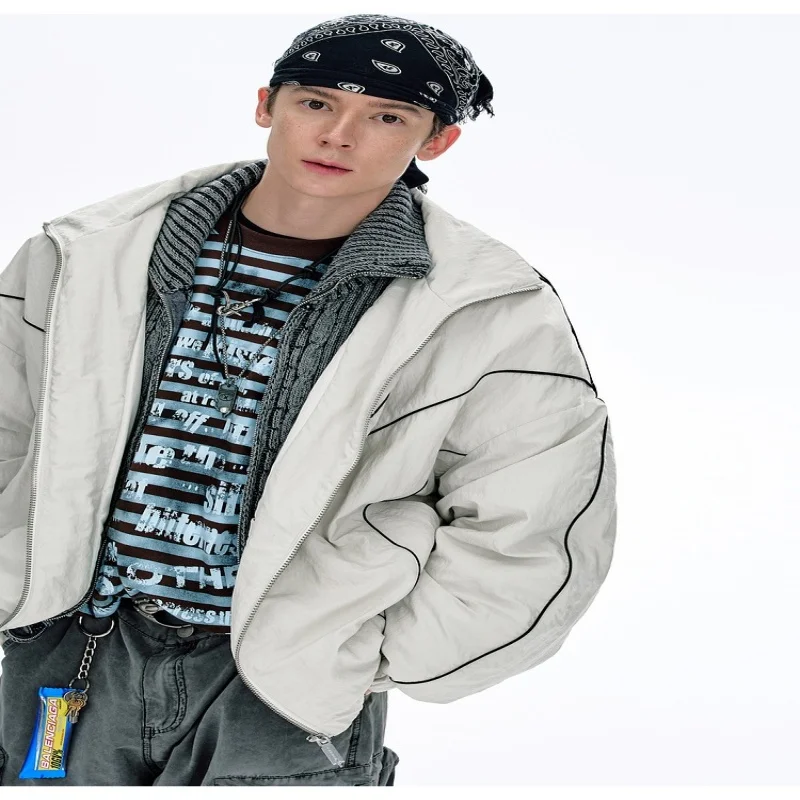 

Blue striped stand up collar winter jacket with men's cotton jacket and oversized loose warm cotton jacket