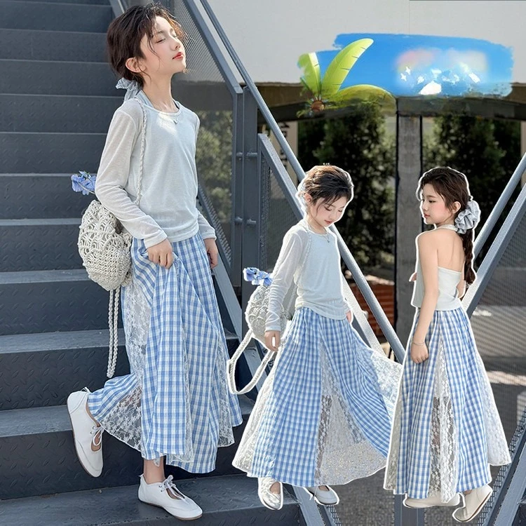 

Комплект одежды с солнцезащитным кремом для девочек-подростков, белая футболка с длинными рукавами + подтяжки + кружевная лоскутная клетчатая юбка, костюм для младшего ребенка 3p, детская одежда