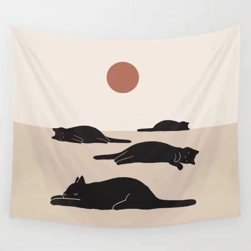Simple Pen Lines Cat Tapestry Black and White Hand Drawn Graffiti Cat Background Cloth Warm Tapestry Room Decoration