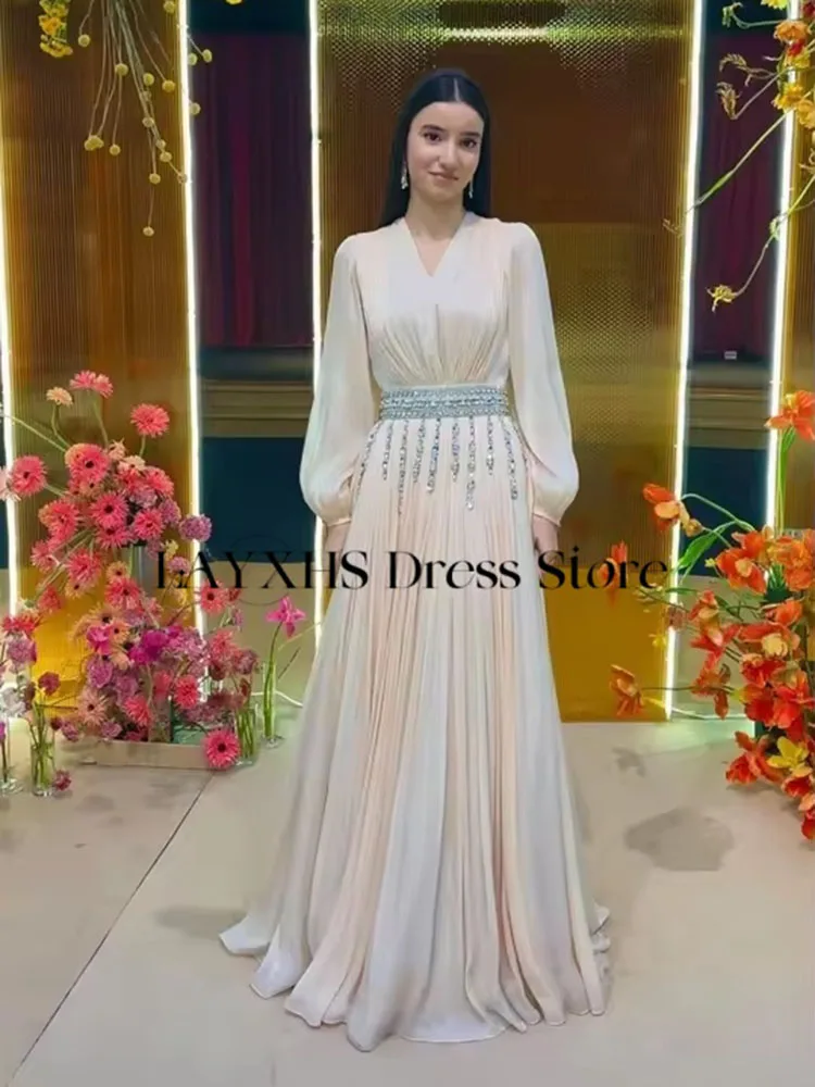LAYXHS Wunderschönes Abendkleid mit V-Ausschnitt, A-Linie, Perlen, lange Ärmel, Falten-Abschlussballkleid, maßgeschneidert, Gresе нае