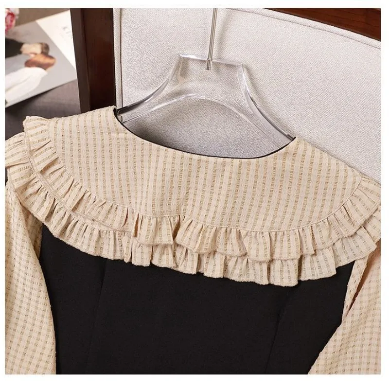 Women\'s Large Size Long Sleeved Shirt Spring Autumn New Fashion Peter Pan Collar Ruffles Patchwork Button Striped Pullover Tops