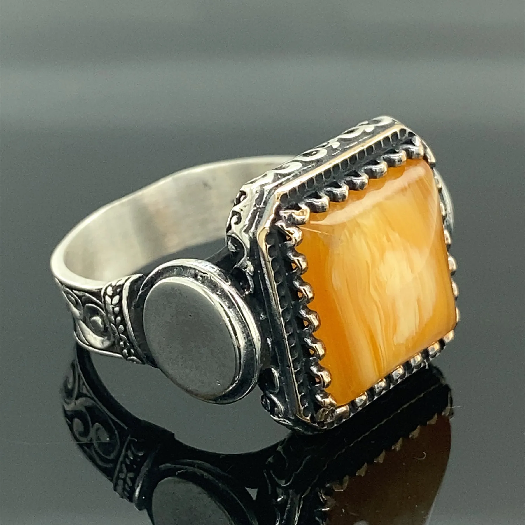 Amber Stone Ring , Men Silver Honey Amber Stone Ring , Square Design Ring , Ottoman Jewelry , 925 Sterling Silver Ring