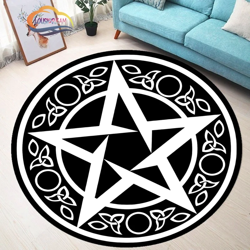 Pentacle Symbol Round Carpet, Skull & Moon Rug, Satan  Wicca Goth Witch  White Pentagram on Black mat