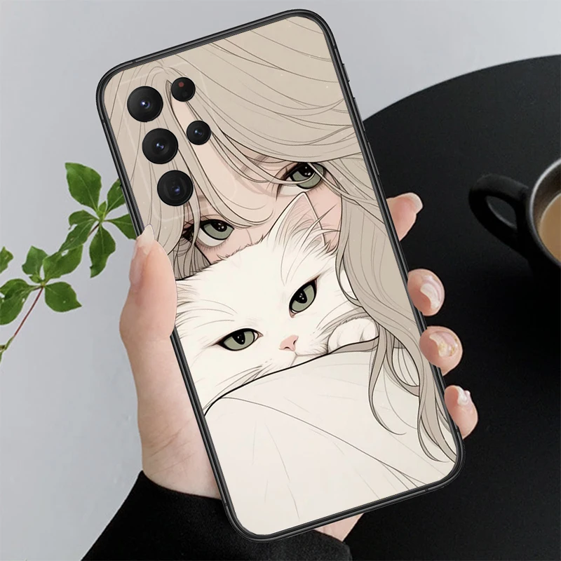 Anime Girl Woman Holding a Cat Phone Case For S24 S23 S22 S21 S20 Ultra S20 S22 S21 S23 S20 FE S24 Plus