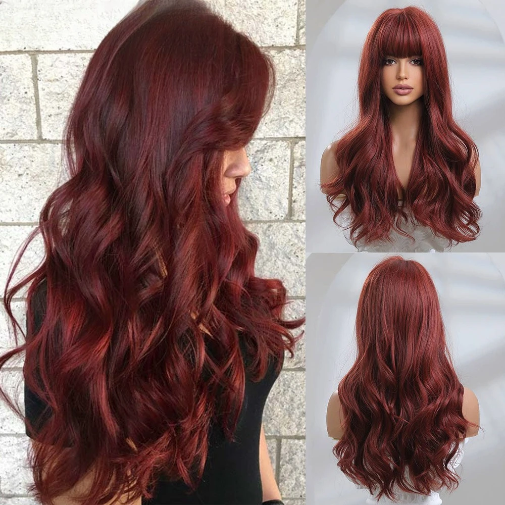 

Hot-selling model gradual change burgundy hair color medium long curly hair, halloween chemical fiber headgear wig air bangs