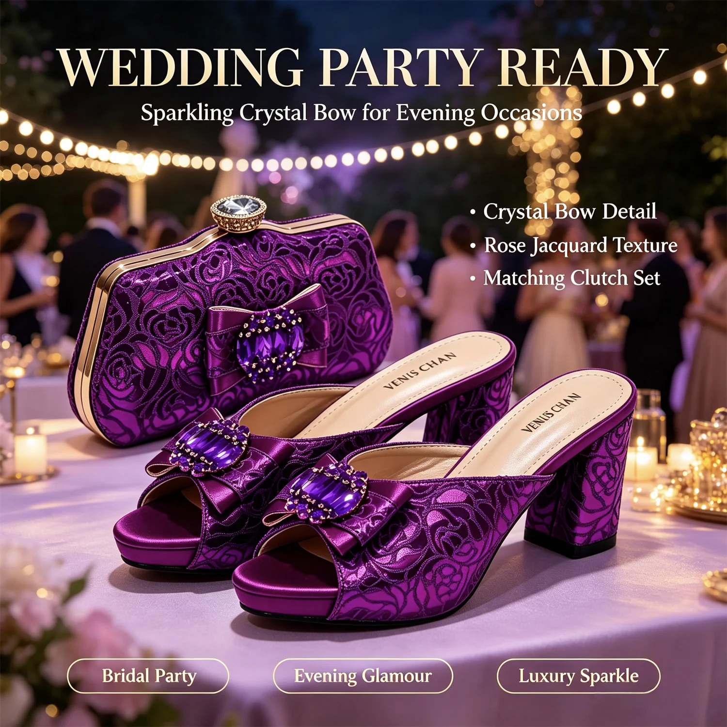 Conjunto de zapatos y bolso de mujer con encaje de satén morado de lujo, tacón de bloque con lazo de pedrería, sandalias abiertas, para bodas, fiestas y eventos nocturnos.