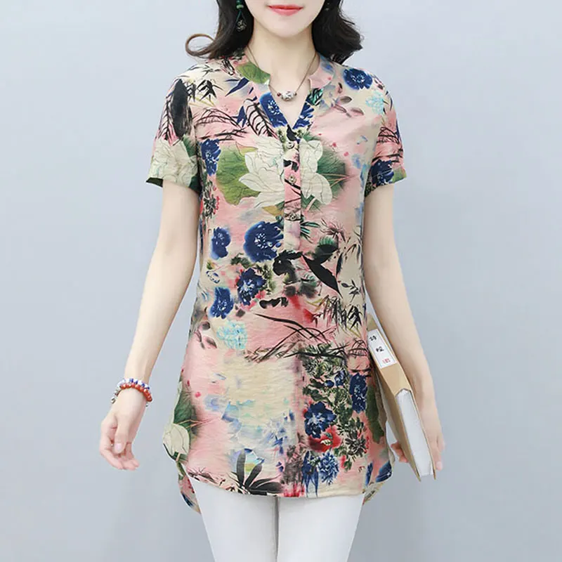 Women\'s Clothing Vintage Folk Printed Midi Shirt Commute Elegant V-Neck Summer Casual Spliced Short Sleeve Split Straight Blouse