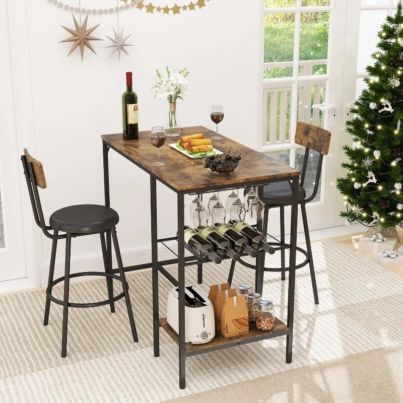 Conjunto de mesa de jantar pub de 3 peças, mesa de balcão de bar, conjunto versátil moderno de altura com prateleira de armazenamento, rack de vinho e suporte para copos