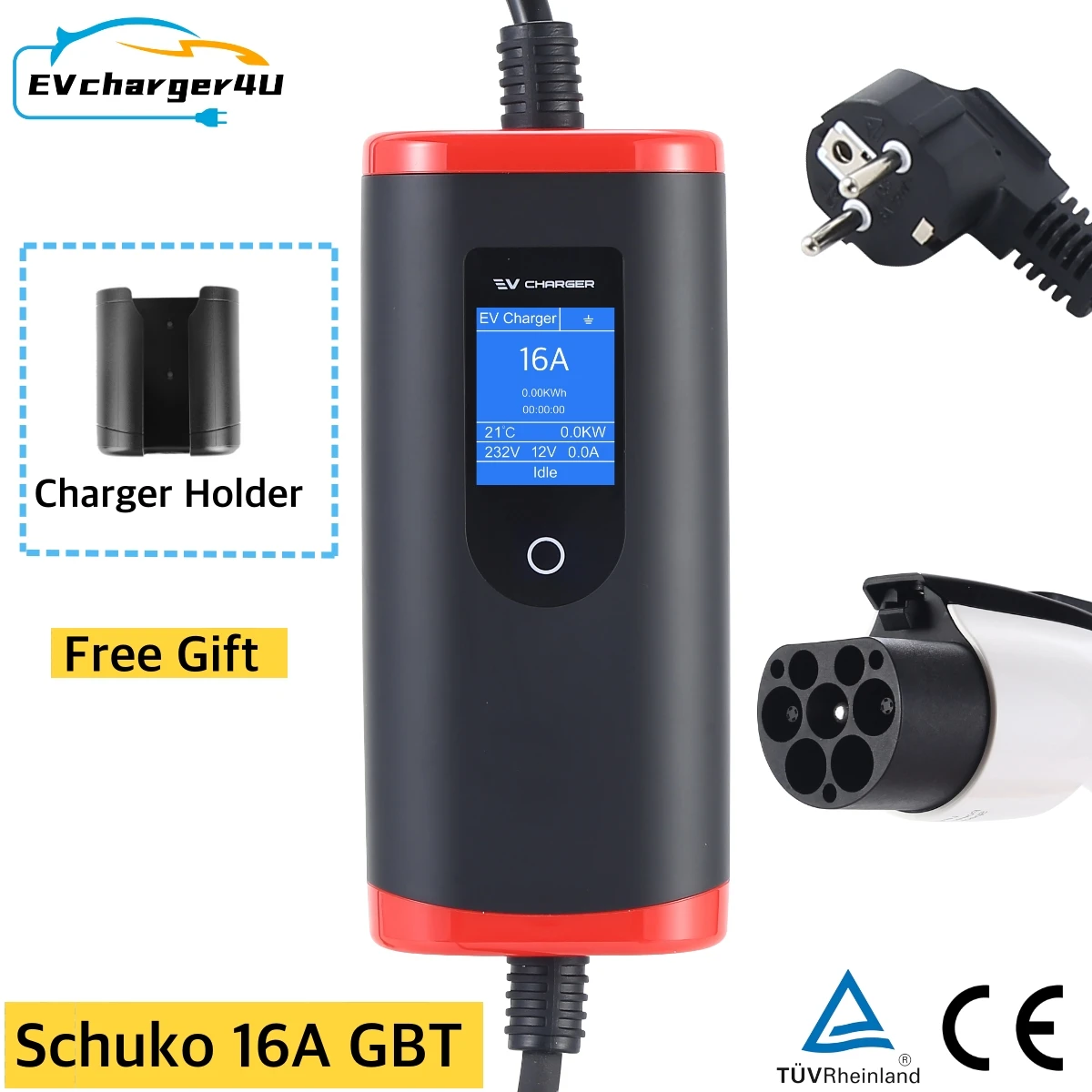 EVcharger4U Schuko Plug 3.5KW Type2/Type1/GBT Portable EV Charging Station 6A/8A/10A/13A/16A Adjustable Current for Electric Car