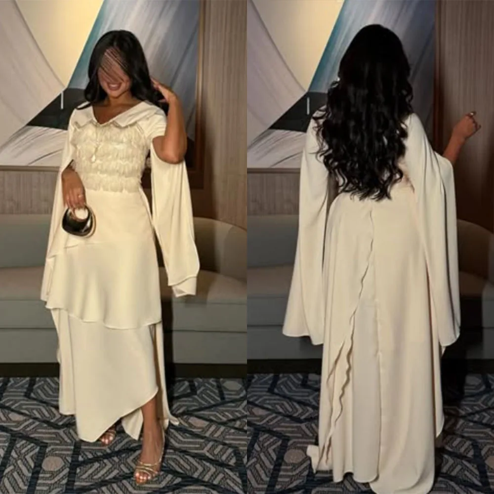 

High Quality Customized V-neck Floor Length White Long Dress Cap Sleeve Feathers Beaded Dresses for Women Party Robes De Soirée