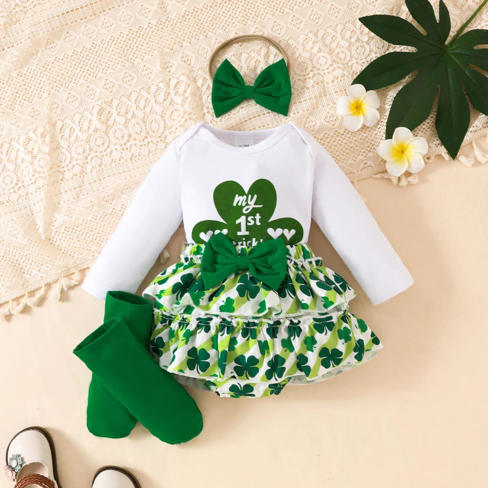 Baby Girls Cute Outfit Long Sleeve Print Romper with Shorts Socks Headband St.Patrick's Day Birthday Party Photography Costume