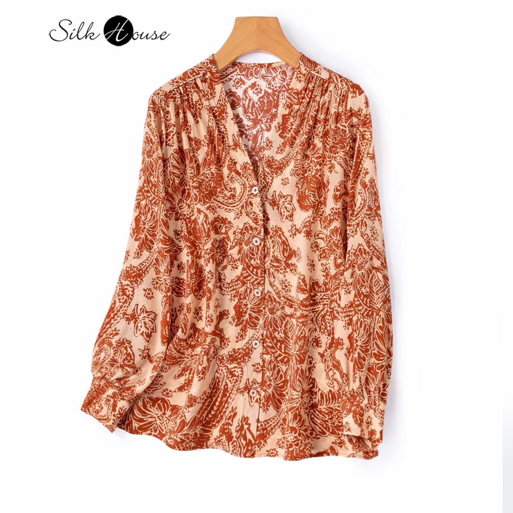 

Женская повседневная весенняя новинка 2026: Дышащая, приятная к телу рубашка из 100% натурального шелка креп-де-шин с V-образным вырезом, длинными рукавами и принтом