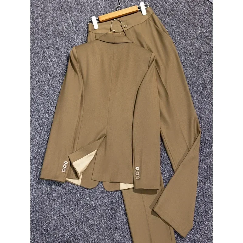 Ensemble 2 pièces formel à double boutonnage pour femme, veste blazer marron, pantalon imbibé, dos fendu, manteau d'affaires, dame de bureau, automne, hiver