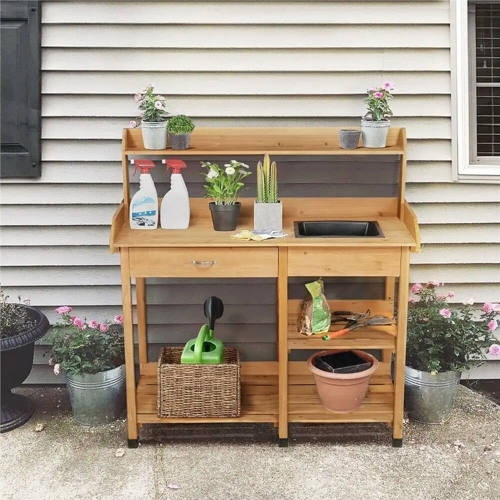 Banco para macetas, mesa para Patio, estación de trabajo para jardín al aire libre, estante para plantar, cajón para fregadero, construcción de madera maciza, terraza, balcón Anxella