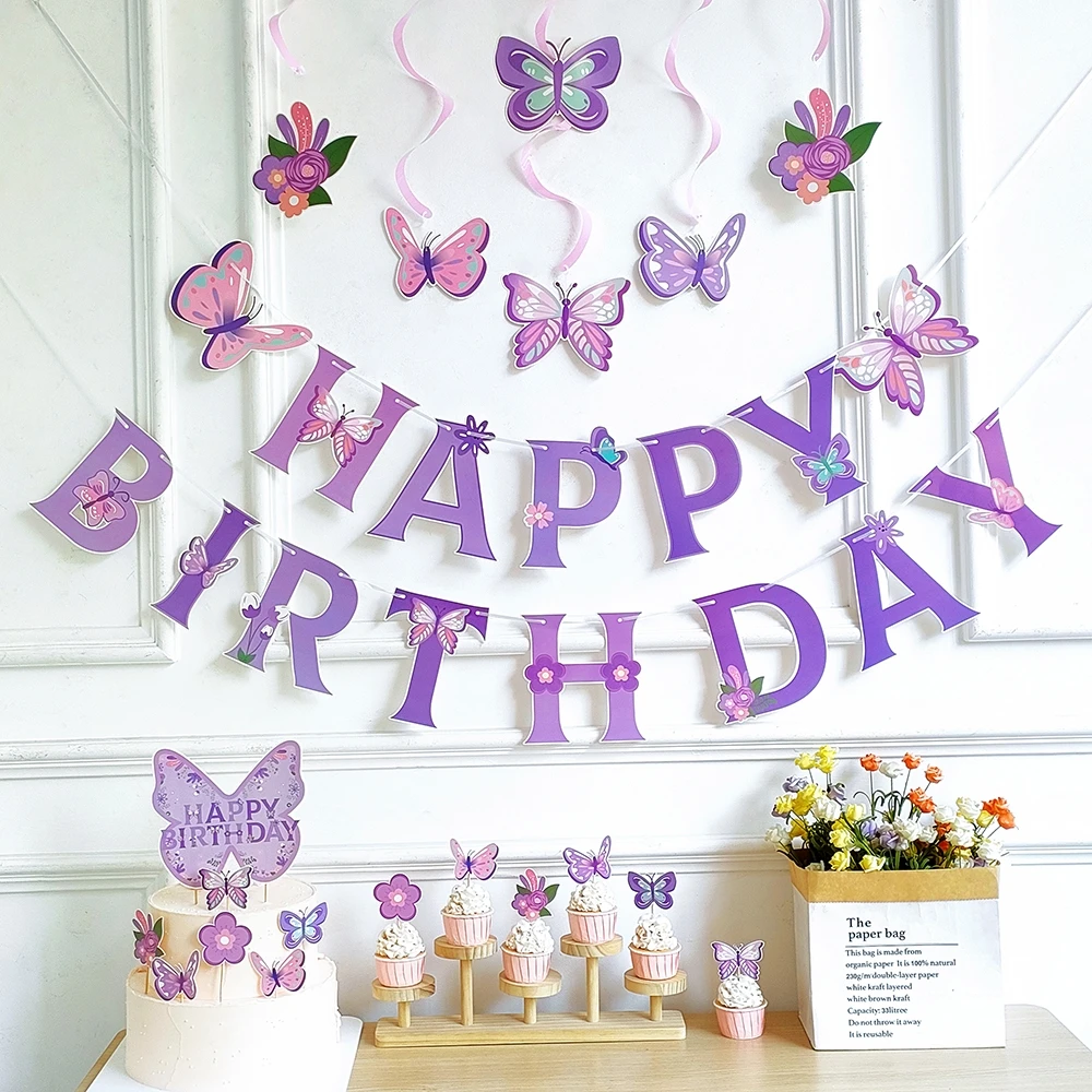 Pink Purple Butterfly Banner Pull Flag Cake Card Decor Disposable Tableware Baby Shower Wedding Girl  Birthday Party Supplies