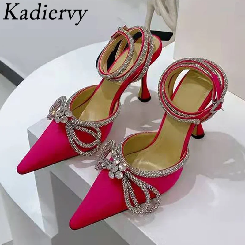 

Rhinestone Butterfly-knot Wedding Shoes Woman Satin Summer Slingbacks Crystal Ankle Strap Pumps High Heels Sandals Women