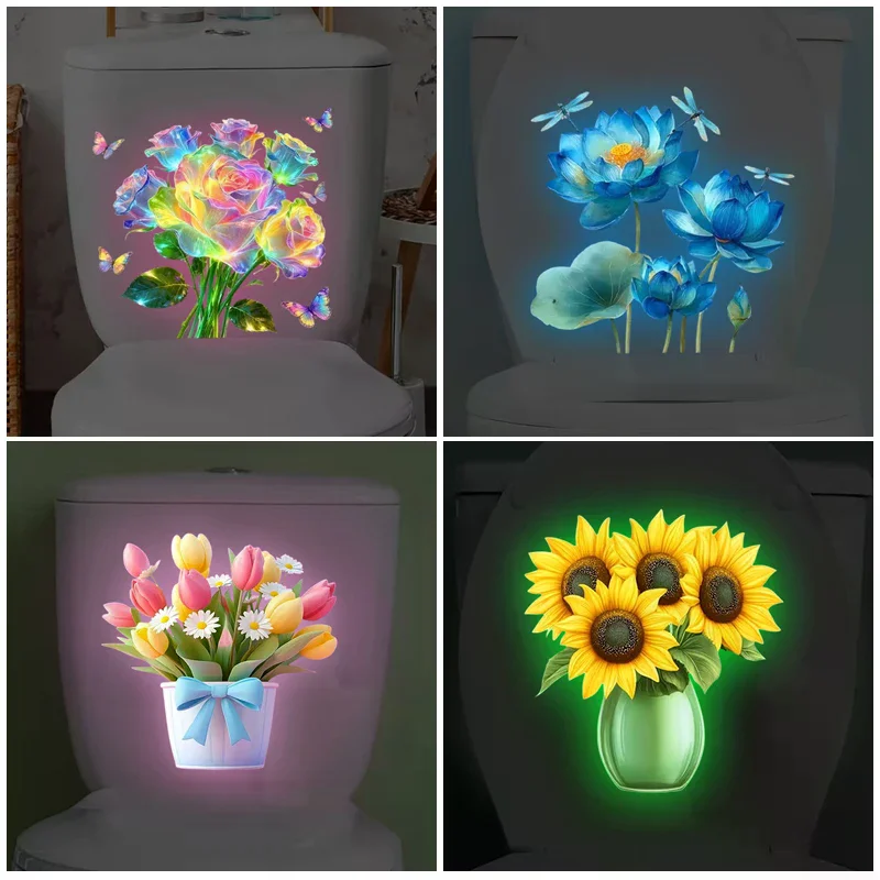 Glow-in-the-Dark Flower Toilet Sticker Luminous Toilet Decal Removable Self-Adhesive Home Decor Stickers For Bedroom Living Room