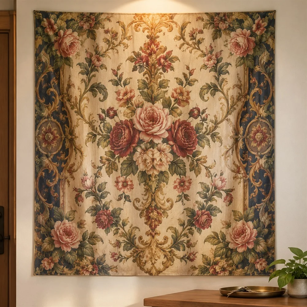 VIKAMA European Wallpaper Floral Tapestry Wall Hanging, European Wall Decor Tapestries for Bedroom Nursery Kids Room Living Room